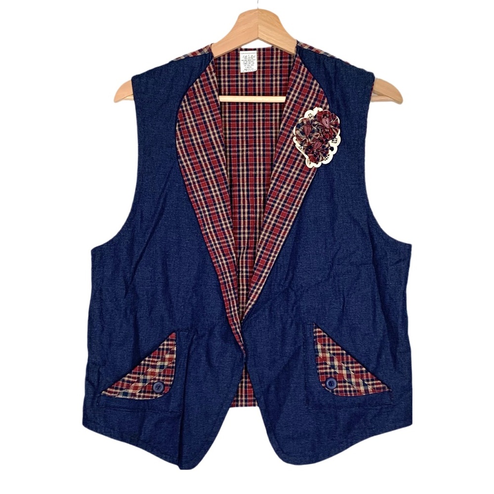 Cottagecore Vest Hand Made Country Style Vest Denim Plaid Rosettes Size Medium
